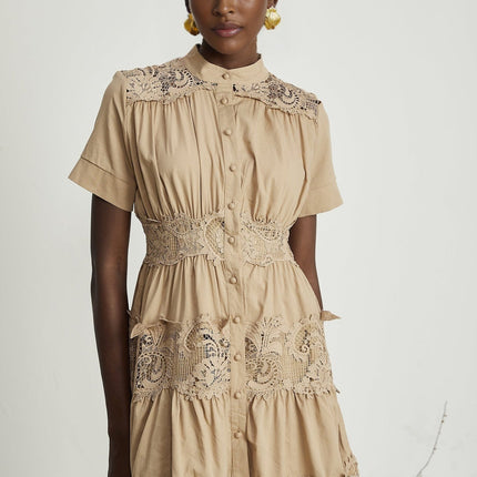 Carmina Khaki Lace Pleat Mini Dress 100 Percent Cotton Front Button Fastening Women's Dress