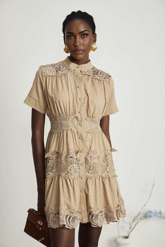 Carmina Khaki Lace Pleat Mini Dress 100 Percent Cotton Front Button Fastening Women's Dress