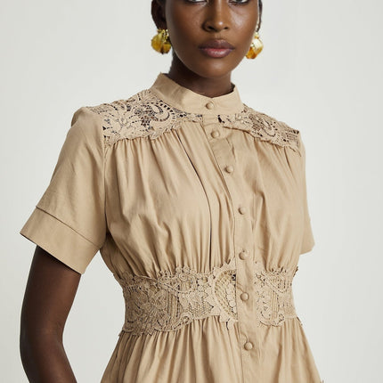 Carmina Khaki Lace Pleat Mini Dress 100% Cotton