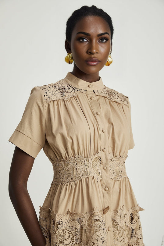 Carmina Khaki Lace Pleat Mini Dress 100% Cotton
