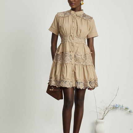 Carmina Khaki Lace Pleat Mini Dress 100% Cotton Button Fastening