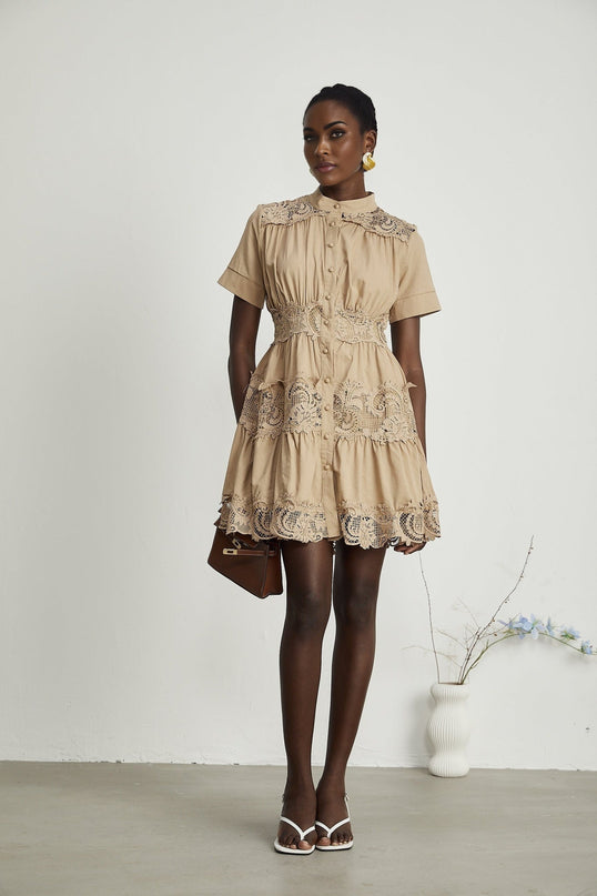 Carmina Khaki Lace Pleat Mini Dress 100% Cotton Button Fastening