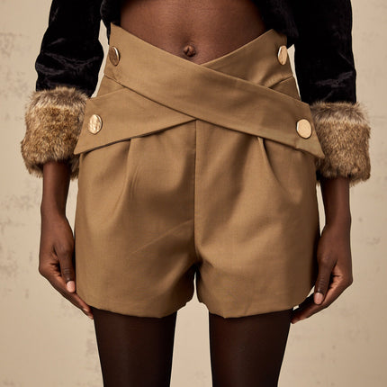 Carmina Khaki Shorts with Gold-tone Hardware and Decorative Buttons
