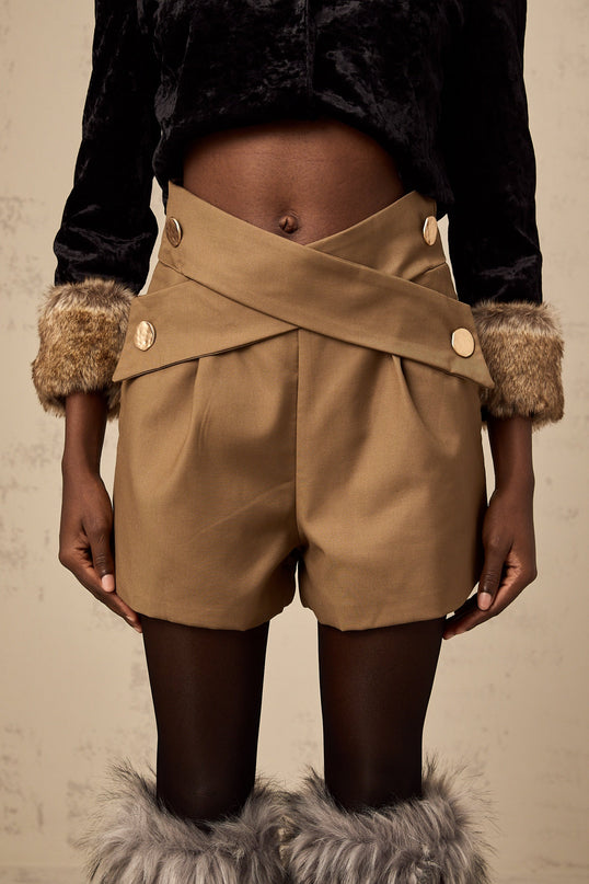 Carmina Khaki Shorts with Gold-tone Hardware and Decorative Buttons