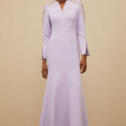 Carmina Purple Crystal Embellished Long Sleeve Floor-Length Gown