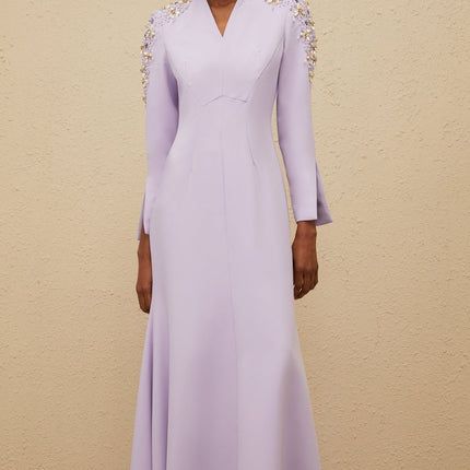 Carmina Purple Crystal Pearl Embellished V-Neck Gown