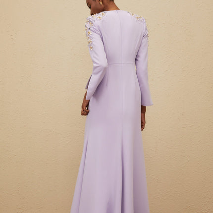 Carmina Purple Crystal Pearl Embellished V-Neck Gown
