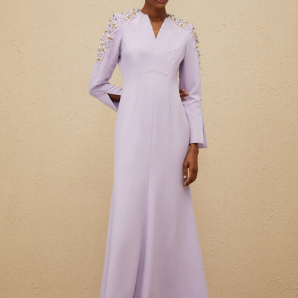 Carmina Purple Gown with Faux Pearl and Crystal Embellishments V-neckline Long Sleeves Floor-length Hem