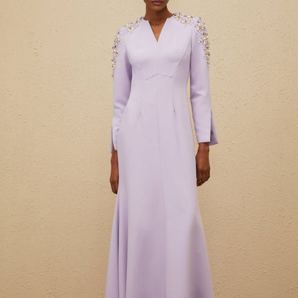 Carmina Purple Gown with V-neckline and faux pearl and crystal embellishments