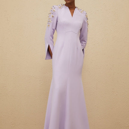 Carmina Purple Gown with Faux Pearl and Crystal Embellishments