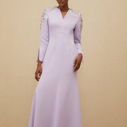 Carmina Purple Gown V-neckline Faux Pearl Crystal Embellishments Long Sleeves Floor-length Hem Rear Zip Fastening