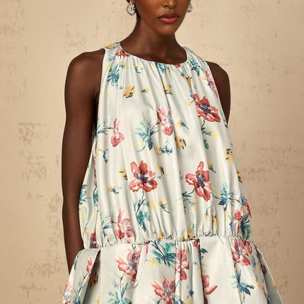 Carolina Green Floral Mini Dress with Ruffle Detailing