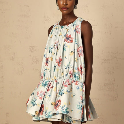 Carolina Green Floral Mini Dress with Ruffle Detailing