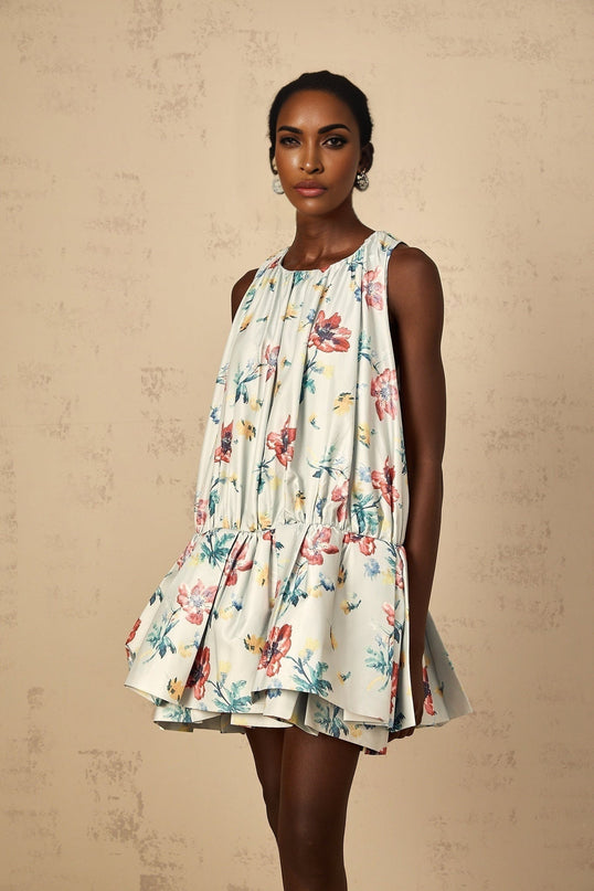 Carolina Green Floral Mini Dress with Ruffle Detailing
