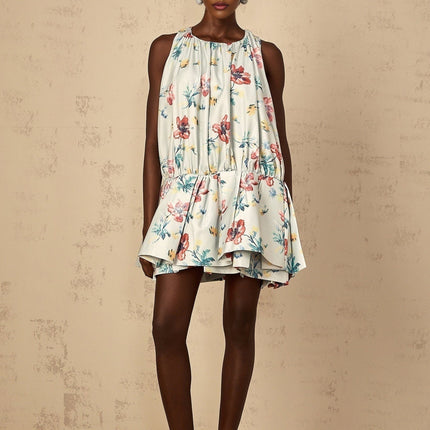 Carolina Green Floral Mini Dress with Ruffle Detailing