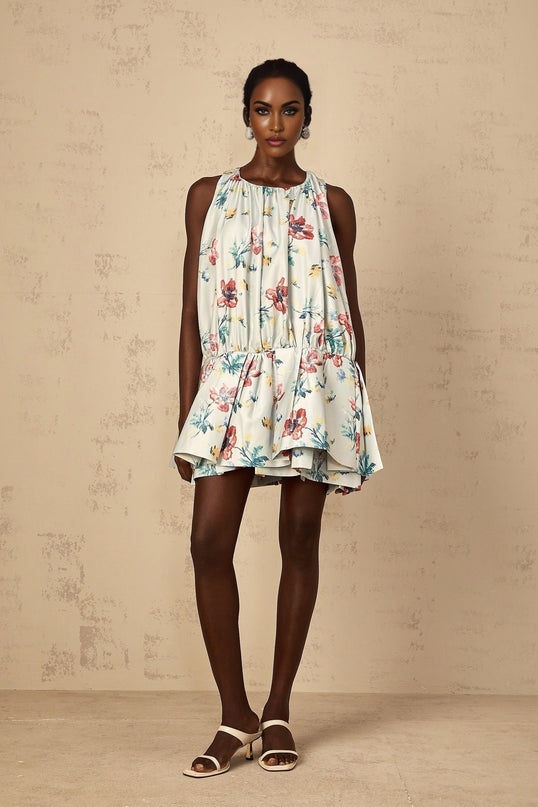 Carolina Green Floral Mini Dress with Ruffle Detailing