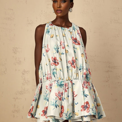 Carolina Green Floral Mini Dress with Ruffle Detailing