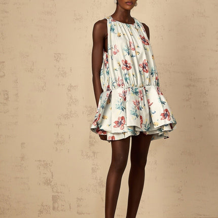 Carolina Green Floral Mini Dress with Puff Skirt and Ruffle Detailing