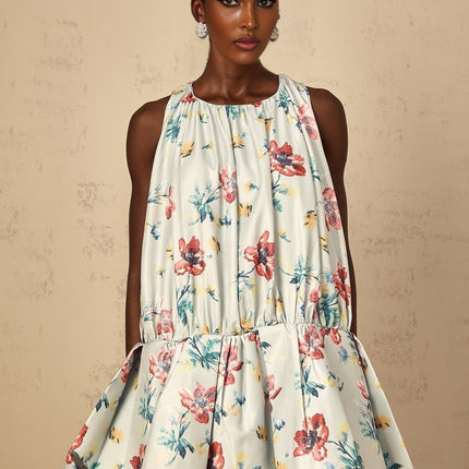 Carolina Green Floral Mini Dress with Ruffle Detailing