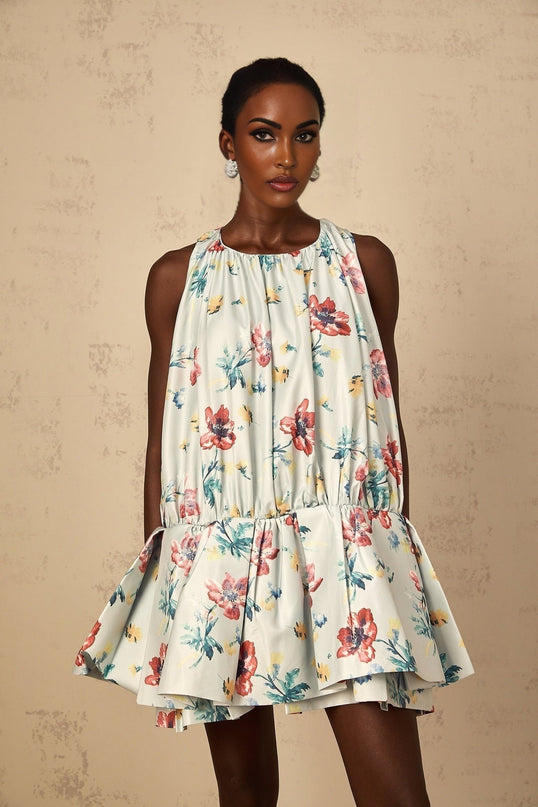 Carolina Green Floral Mini Dress with Ruffle Detailing