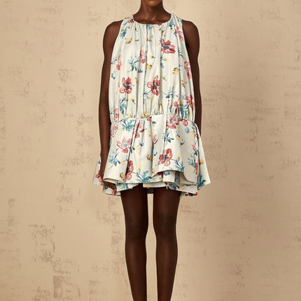 Carolina Green Floral Print Mini Dress with Puff Skirt and Ruffle Detailing