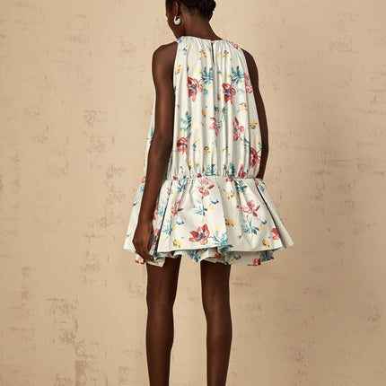 Carolina Green Floral Print Mini Dress with Ruffle Detailing