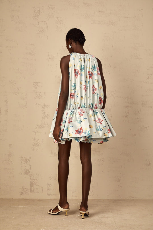 Carolina Green Floral Print Mini Dress with Ruffle Detailing