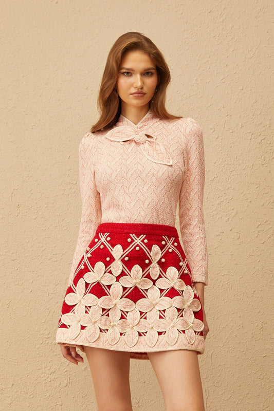 Carolina Pink Crochet Knit Blouse  Skirt Set