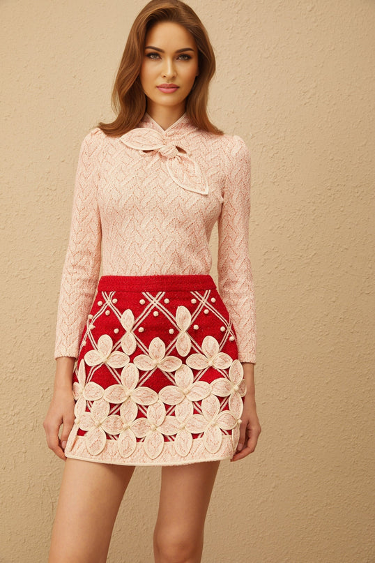 Carolina Pink Crochet Knit Blouse  Skirt Set