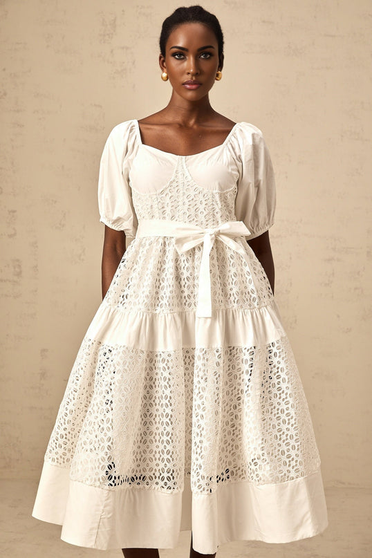 Carolina White Lace Tiered Midi Dress