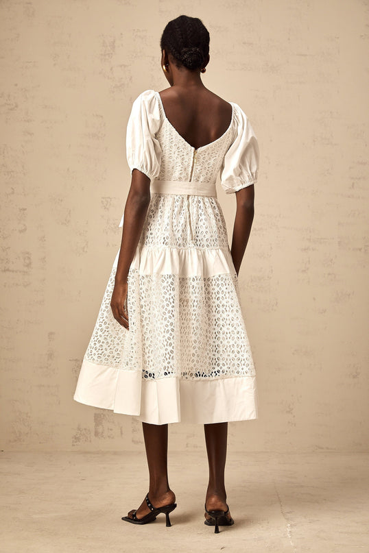 Carolina White Lace Tiered Midi Dress
