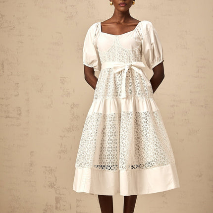Carolina White Lace Tiered Midi Dress