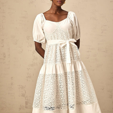 Carolina White Lace Tiered Midi Dress