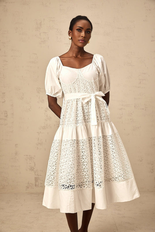 Carolina White Lace Tiered Midi Dress