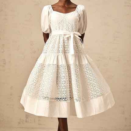 Carolina White Lace Tiered Midi Dress Sweetheart Neck Puff Sleeves