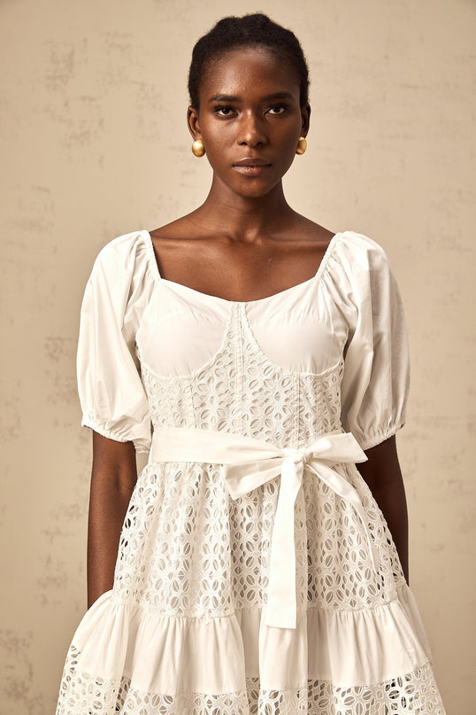 Carolina White Lace Tiered Midi Dress