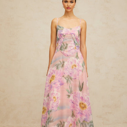 Caroline Pink Floral Maxi Dress with Shirred Effect and Draped Detailing
