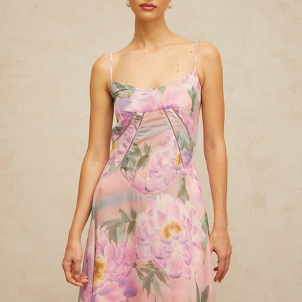 Caroline Pink Floral Maxi Dress with Shirred Effect and Draped Detailing