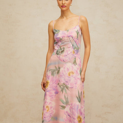 Caroline Pink Floral Maxi Dress with Shirred Effect and Draped Detailing