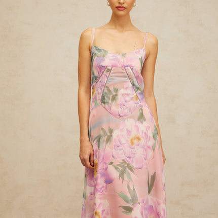 Caroline Pink Floral Maxi Dress with Shirred Effect and Draped Detailing