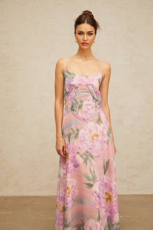 Caroline Pink Floral Maxi Dress with Shirred Effect and Draped Detailing