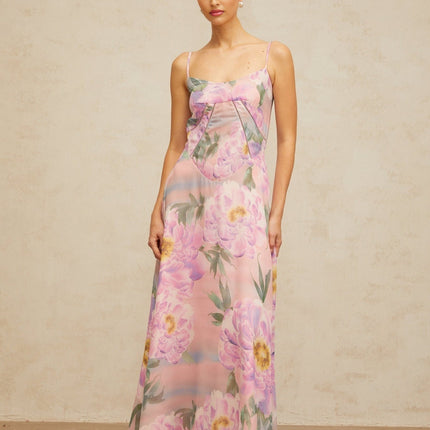 Caroline Pink Floral Maxi Dress with Shirred Effect and Draped Detailing