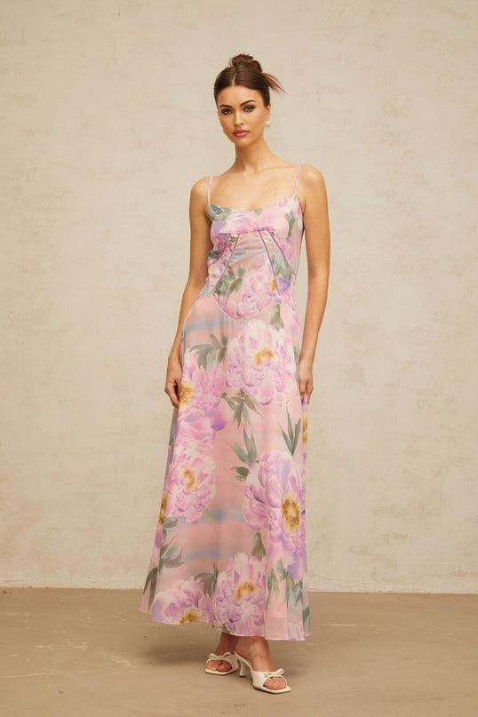 Caroline Pink Floral Maxi Dress with Shirred Effect and Draped Detailing