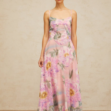 Caroline Pink Floral Maxi Dress with Shirred Effect and Draped Detailing
