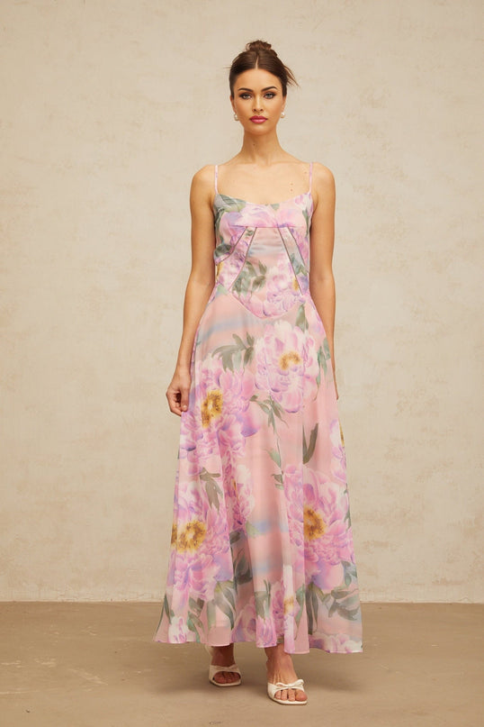 Caroline Pink Floral Maxi Dress with Shirred Effect and Draped Detailing