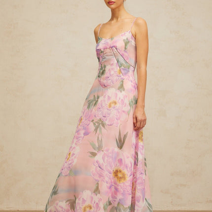 Caroline Pink Floral Print Maxi Dress with Shirred Effect and Draped Detailing