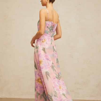 Caroline Pink Floral Print Maxi Dress with Shirred Effect and Draped Detailing