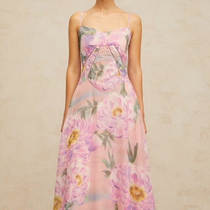 Caroline Pink Floral Print Maxi Dress with Shirred Effect and Draped Detailing