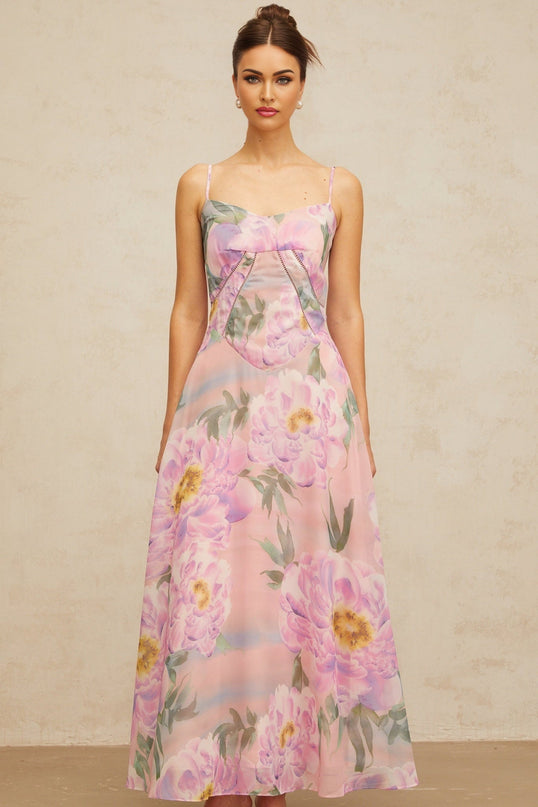 Caroline Pink Floral Print Maxi Dress with Shirred Effect and Draped Detailing