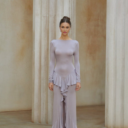 Caroline Purple Maxi Dress Ruffle Front Slit Long Sleeves Open Back Design